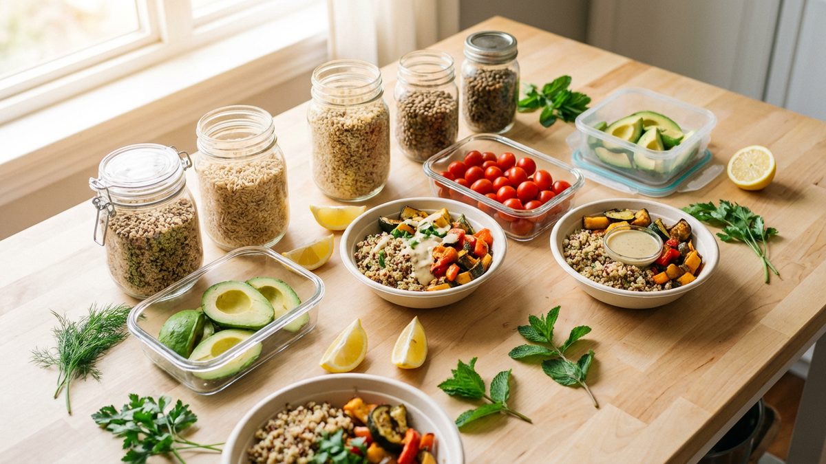 Frisches Meal Prep: Gemüse, Quinoa und Avocado auf Holztisch
