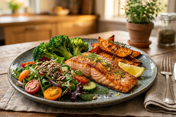 Proteinreich: Lachs mit Gemüse und Süßkartoffel