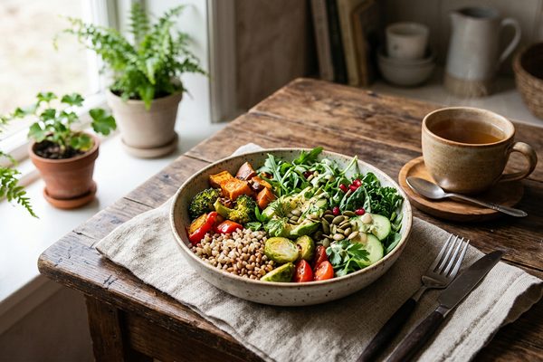 Balance: Grain Bowl mit Gemüse und Kräutertee